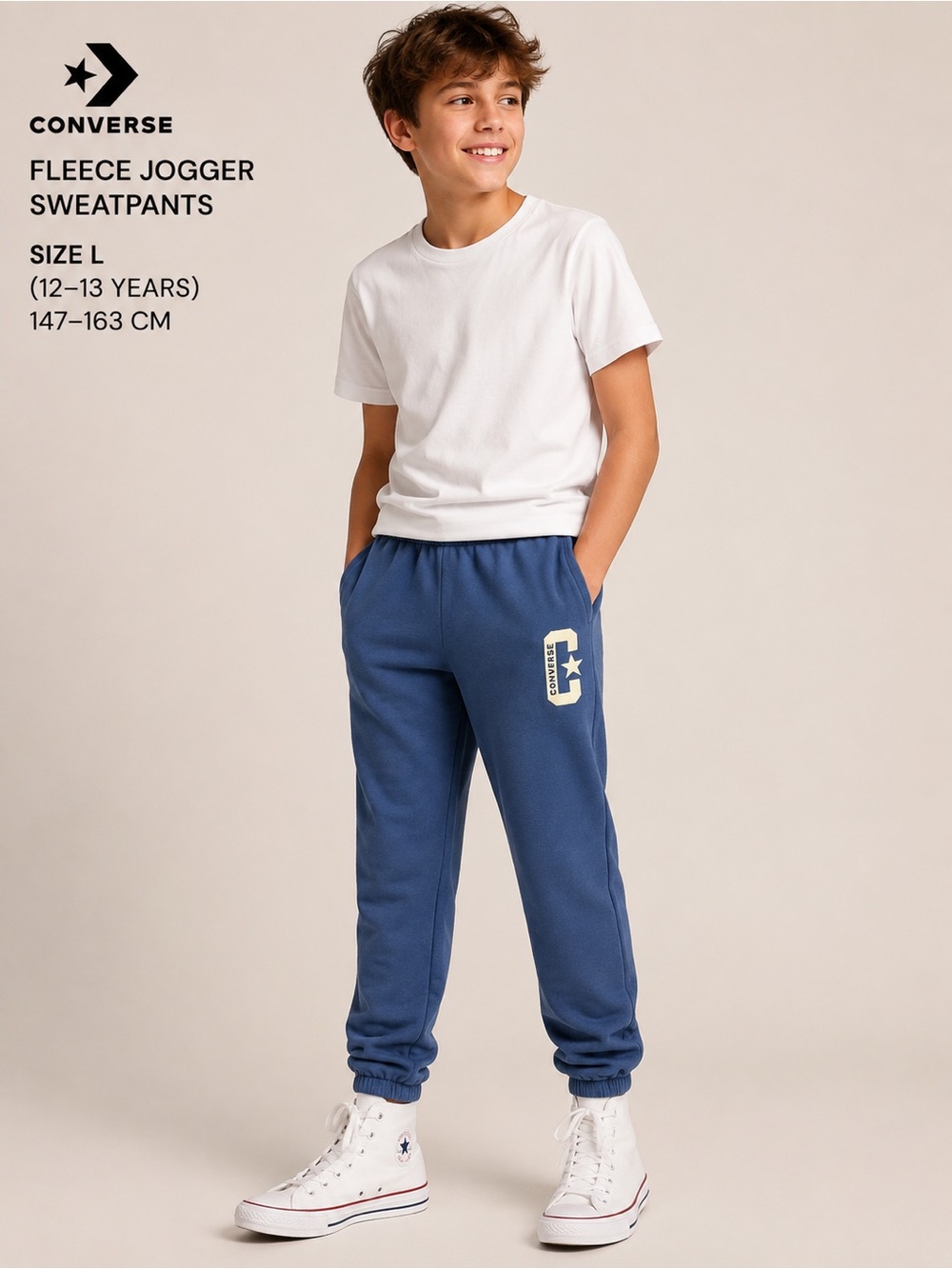 Converse Kids Fleece Jogger Sweatpants – Blue | Size L (12–13 Years / 147–163 cm